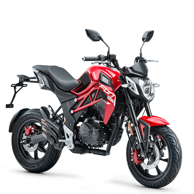 Motociclo desportivo vermelho e preto com farol redondo