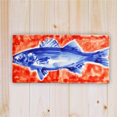 Fish in Decorative Tile Panel,  hand painted,  red