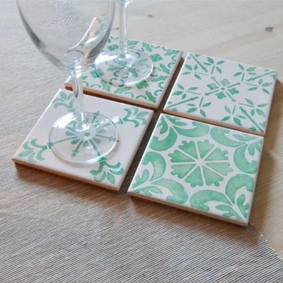 Coasters Set in portuguese tiles hand painted, green aqua, Set B