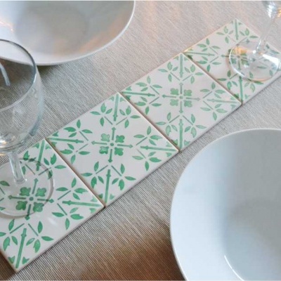 Coasters Set in portuguese tiles hand painted, green aqua, Set J