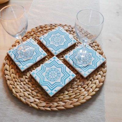 Coasters Set in portuguese tiles hand painted, turquoise, Set L