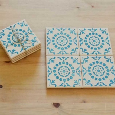 Coasters Set in portuguese tiles hand painted, turquoise, Set D