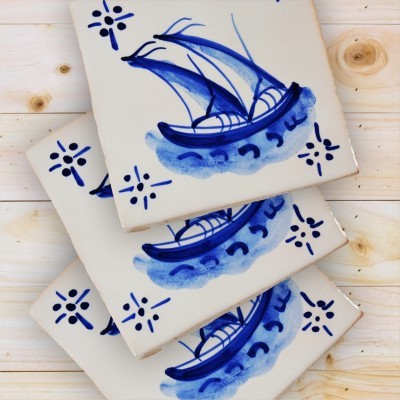 Portuguese blue tile, Hand Painted,  replica of 18th century, Caravel