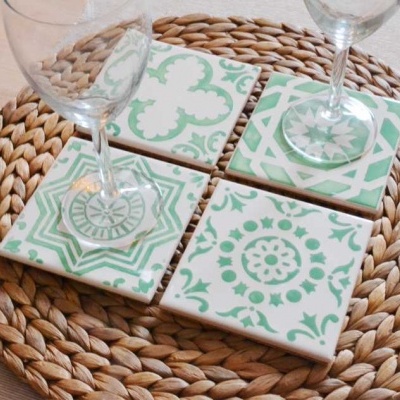 Coasters Set in portuguese tiles hand painted, green aqua, Set A