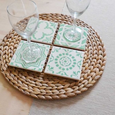 Coasters Set in portuguese tiles hand painted, green aqua, Set A