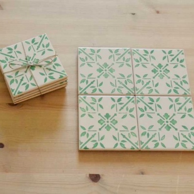 Coasters Set in portuguese tiles hand painted, green aqua, Set J