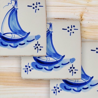 Portuguese blue tile, Hand Painted,  replica of 18th century, Boat