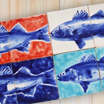 Fish in Decorative Tile Panel,  hand painted,  red