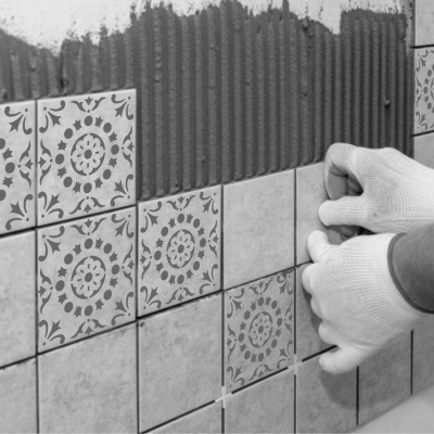 Backsplash with Portuguese Tiles hand painted in Warm Grey