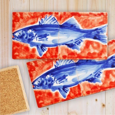 Fish in Decorative Tile Panel,  hand painted,  red