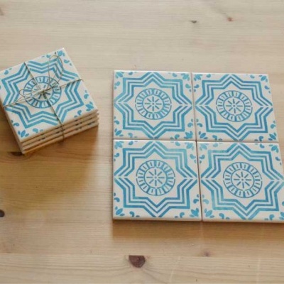 Coasters Set in portuguese tiles hand painted, turquoise, Set L