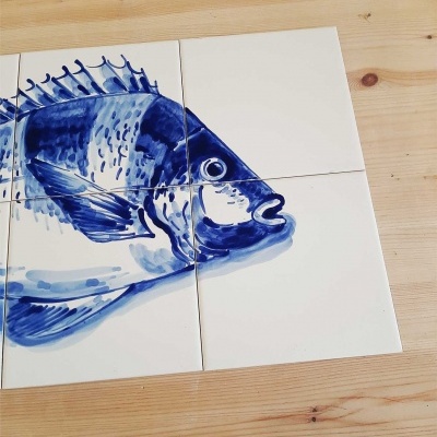 Portuguese Tile Mural, Fish, hand painted in cobalt blue
