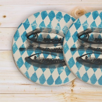 Ceramic Trivet , hand painted, Sardine Collection in Blue Turquoise
