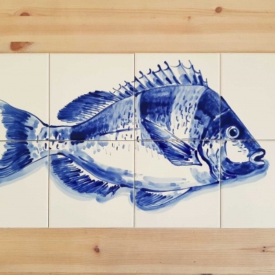 Portuguese Tile Mural, Fish, hand painted in cobalt blue