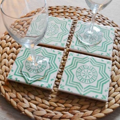 Coasters Set in portuguese tiles hand painted, green aqua, Set L
