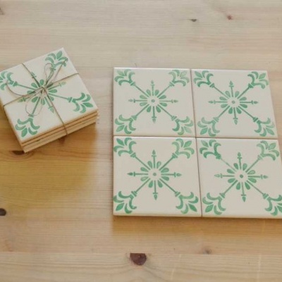 Coasters Set in portuguese tiles hand painted, green aqua, Set H