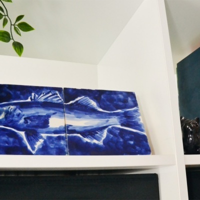 Fish in Decorative Tile Panel,  hand painted,  red