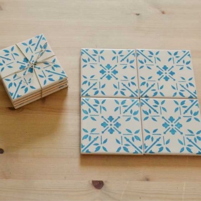 Coasters Set in portuguese tiles hand painted, turquoise, Set J