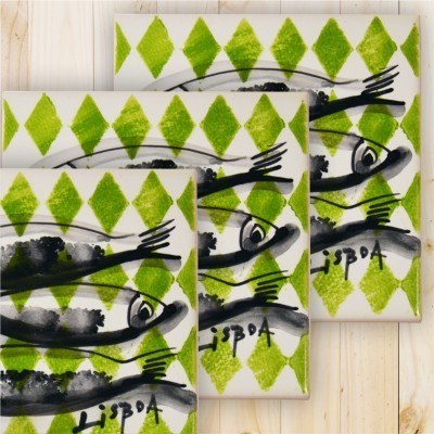Ceramic Trivet , tile hand painted, Sardine Collection Green