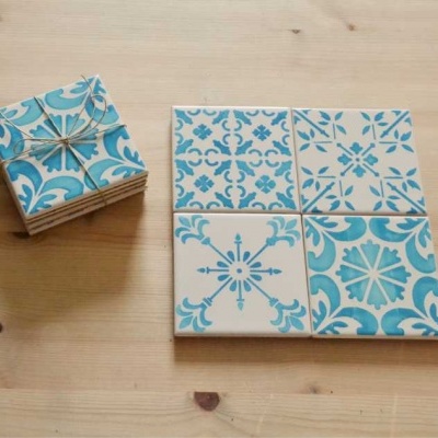 Coasters Set in portuguese tiles hand painted, turquoise, Set B