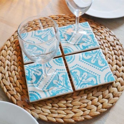 Coasters Set in portuguese tiles hand painted, turquoise, Set M