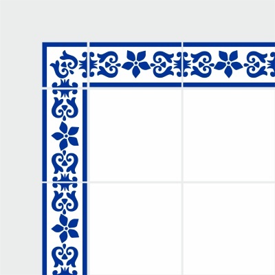White tiles with blue floral and ornamental border pattern