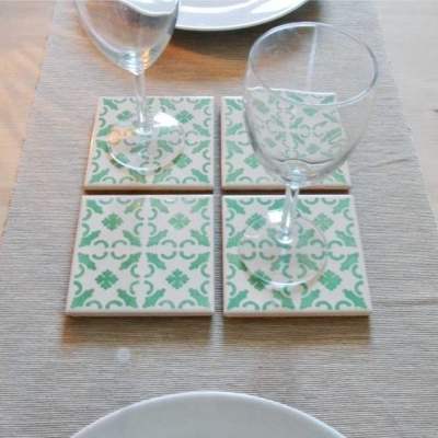 Coasters Set in portuguese tiles hand painted, green aqua, Set G