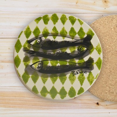Ceramic Trivet , hand painted, Sardine Collection in Green