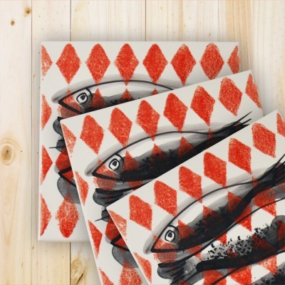 Ceramic Trivet , tile hand painted, Sardine Collection Red Cherry