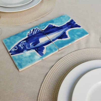 Fish in Decorative Tile Panel,  hand painted,  blue turquoise