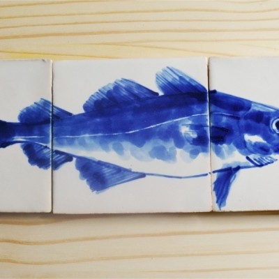 Cod Fish in Decorative Tile Panel,  hand painted,  white