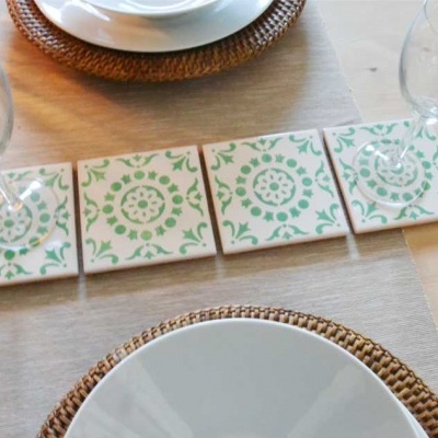 Coasters Set in portuguese tiles hand painted, green aqua, Set D