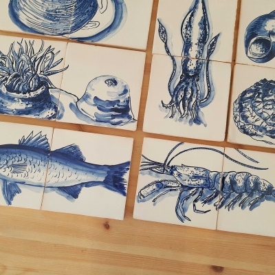 Tile Mural Marine Animals, Backsplash, Decorative tiles Handpainted, Sea Collection
