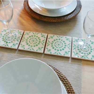 Coasters Set in portuguese tiles hand painted, green aqua, Set D