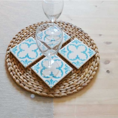 Coasters Set in portuguese tiles hand painted, turquoise, Set C
