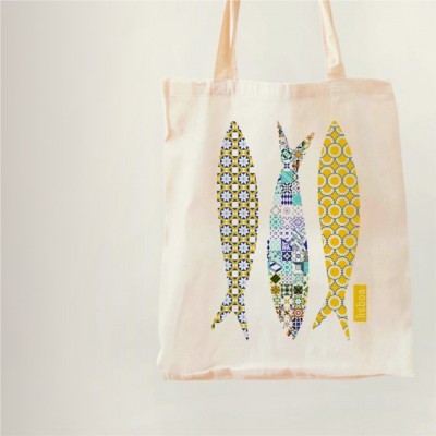Totebag sardines & portuguese tiles, yellow