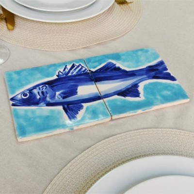Fish in Decorative Tile Panel,  hand painted,  green aqua