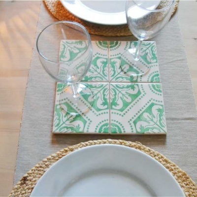 Ceramic Coasters Set, portuguese tiles, hand painted, green aqua, Set of 4 coasters