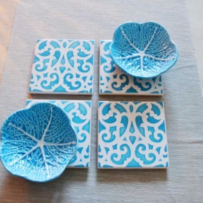 Coasters Set in portuguese tiles hand painted, turquoise, Set F