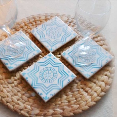Coasters Set in portuguese tiles hand painted, turquoise, Set L