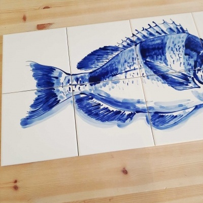 Portuguese Tile Mural, Fish, hand painted in cobalt blue