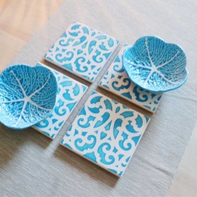 Coasters Set in portuguese tiles hand painted, turquoise, Set F