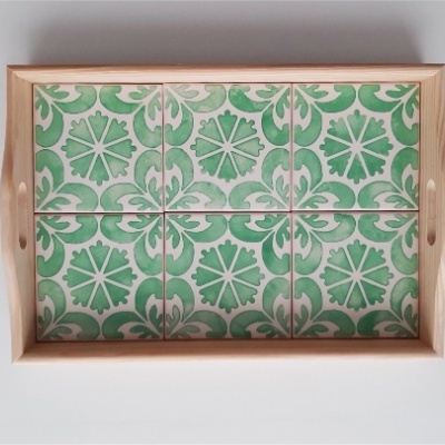 Tray, with,  portuguese tiles, handpainted, green tiles