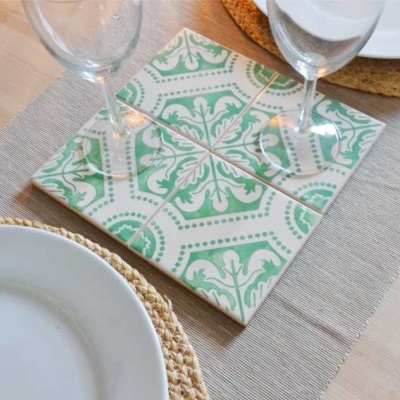 Ceramic Coasters Set, portuguese tiles, hand painted, green aqua, Set of 4 coasters
