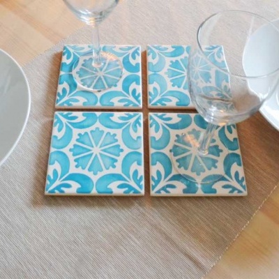 Coasters Set in portuguese tiles hand painted, turquoise, Set E