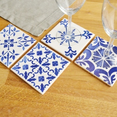 DIY your own Set of Ceramic Tiles, Coasters, Hand Painted, Cobalt Blue
