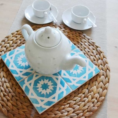 Coasters Set in portuguese tiles hand painted, turquoise, Set I