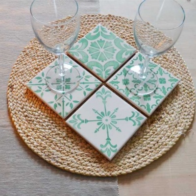 Coasters Set in portuguese tiles hand painted, green aqua, Set B