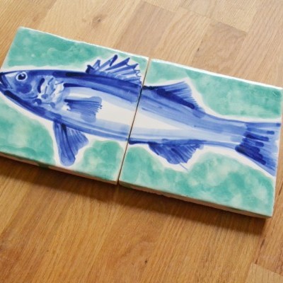 Fish in Decorative Tile Panel,  hand painted,  green aqua