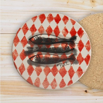 Ceramic Trivet , hand painted, Sardine Collection in Red